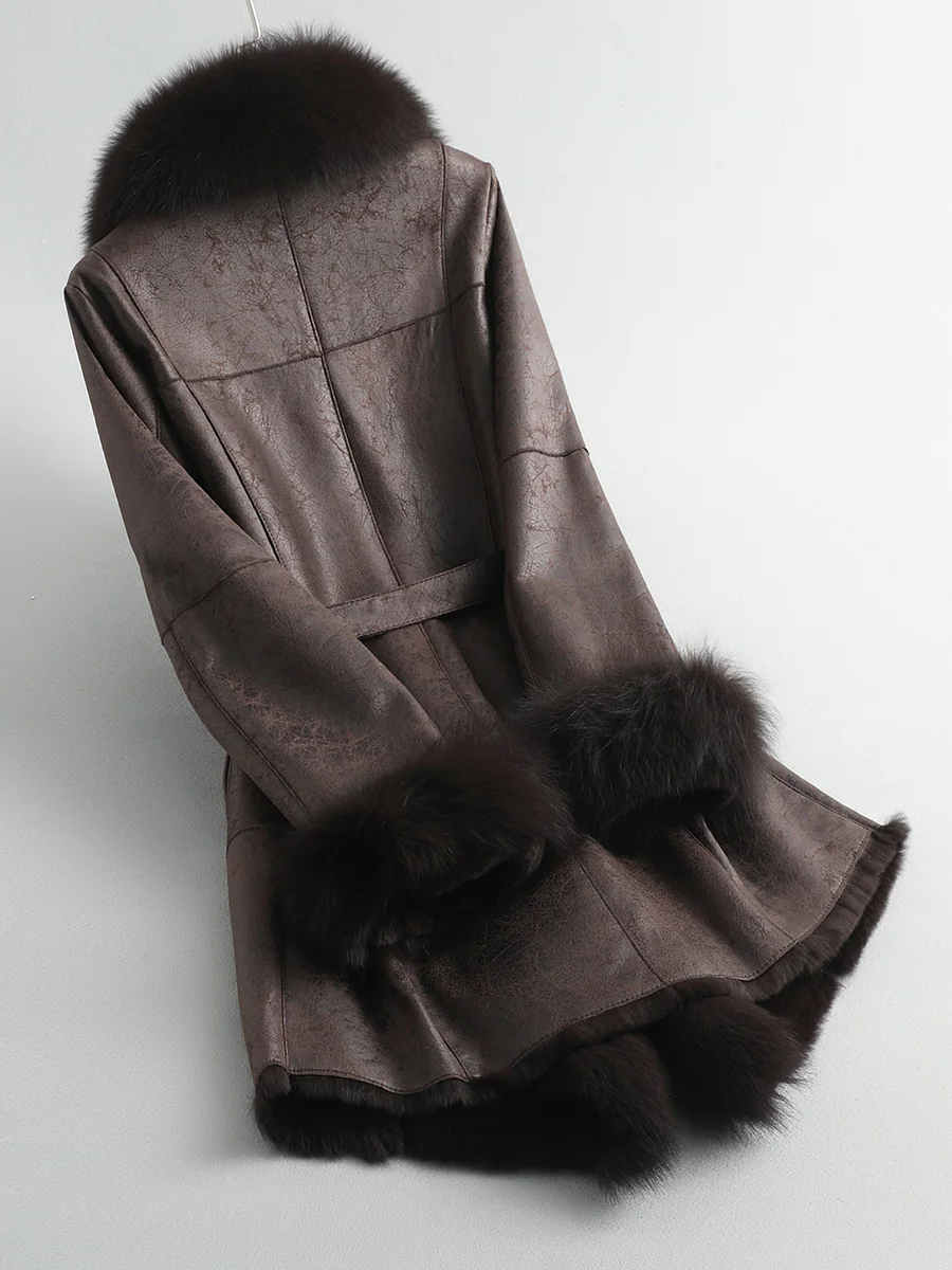 Меховое кожаное пальто из кроличьего меха, Женское пальто с воротником из лисьего меха, тонкое пальто с длинными рукавами, женское меховое пальто