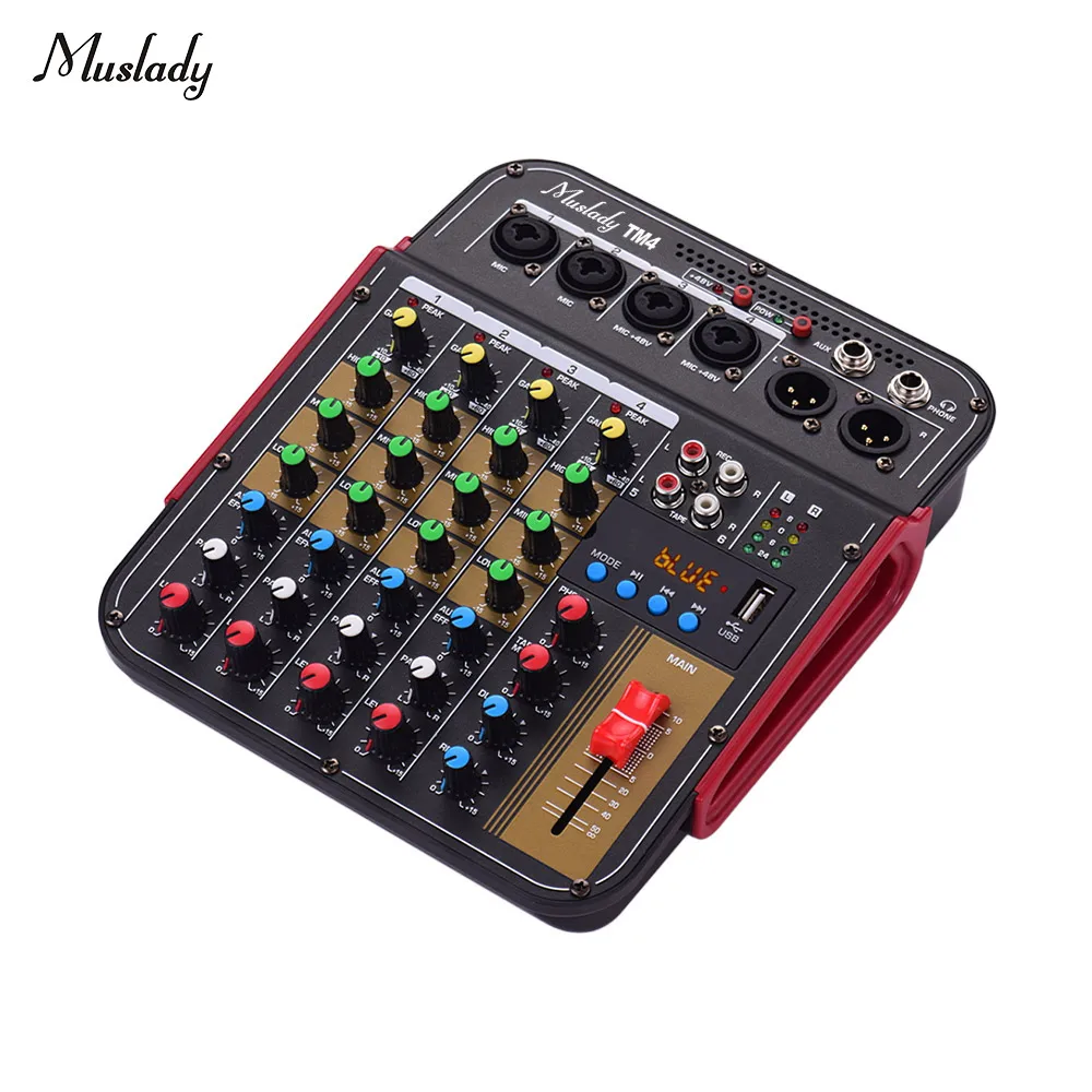 Профессиональный 4 каналов студийная фото аудио DJ микшерный пульт Цифровой усилитель мини-микрофон DJ микшер звуковая карта