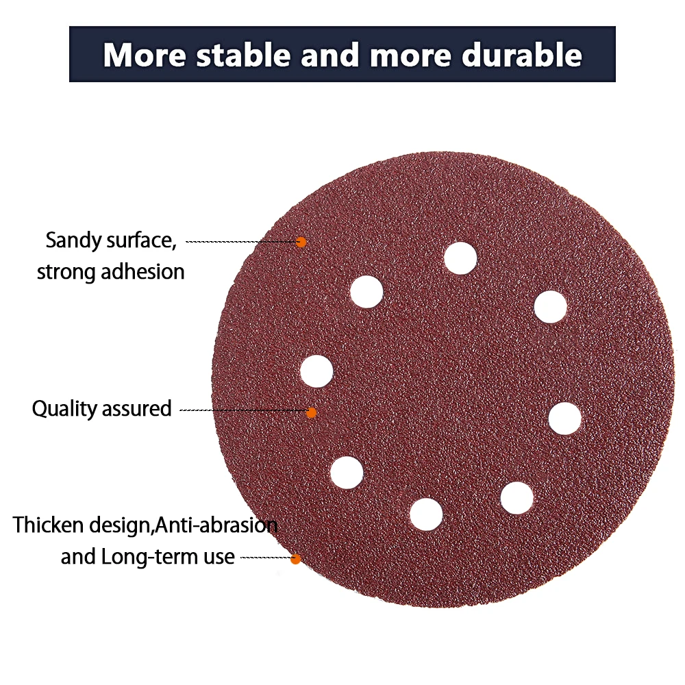 100pcs 5 Inch Hook Loop Sanding paper with 8 Hole Sand Pads Set 40 Grit-600 Grit Sander Disc Abrasives for Polish Machine