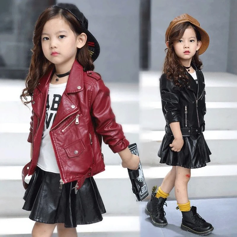 

2019 Children's Jacket Girls Motorcycle Jacket Top Kid Outwear Solid Color Zipper Belt Faux Leather Spring Autumn Fashion Jacket