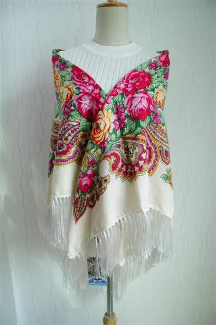Бежевый Large Squar Shawl Scarf Fashion Women Printing Russia Style National Designs With Four Sides Tassel Oversize Wrap 135CM*135CM 02 - Цвет: Бежевый