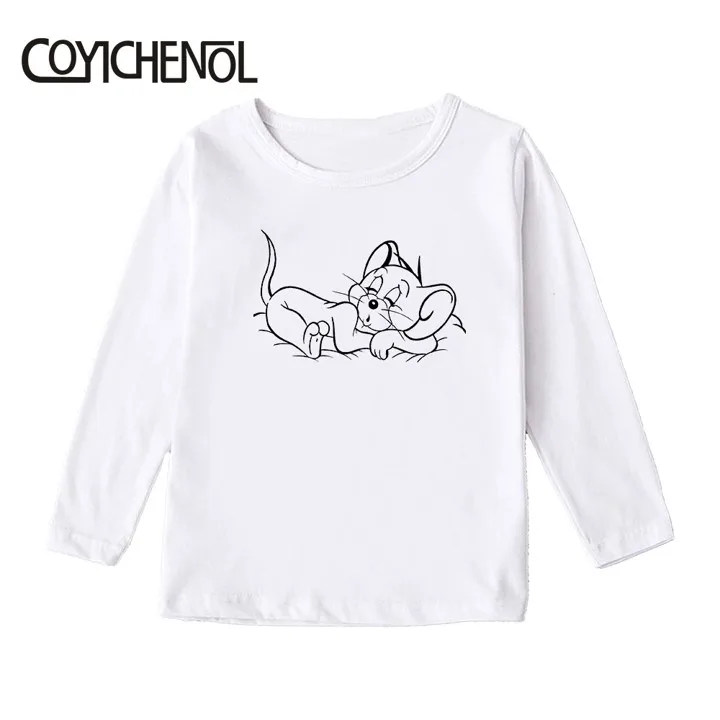 Tom and Jerry print kids tshirt Spring and autumn 2-12 Years long sleeve Kid Printed cartoon Tops COYICHENOL - Цвет: Белый