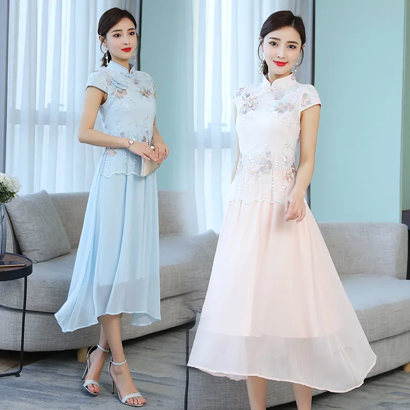 

2019 Summer New Style Mid-length Retro Embroidered Embroidery Formal Dress Improved Cheongsam Frog Short-sleeve Dress Women's