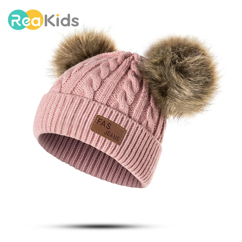 REAKIDS Beanies, детская шапка с помпоном, зимняя детская шапка, вязаная Милая шапка для девочек и мальчиков, повседневные однотонные детские шапки для девочек