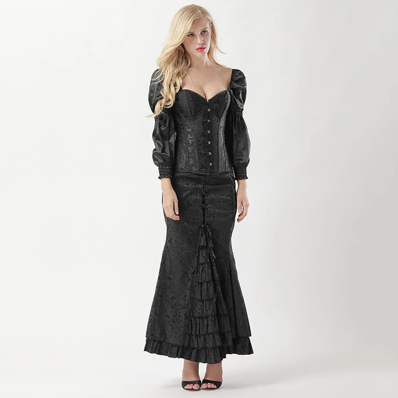 Victorian Gothic Royal Jacquard Corset Bridal Lace Up Bustier Tops Steampunk Puff Long Sleeve Overbust Korsett Costume For Women