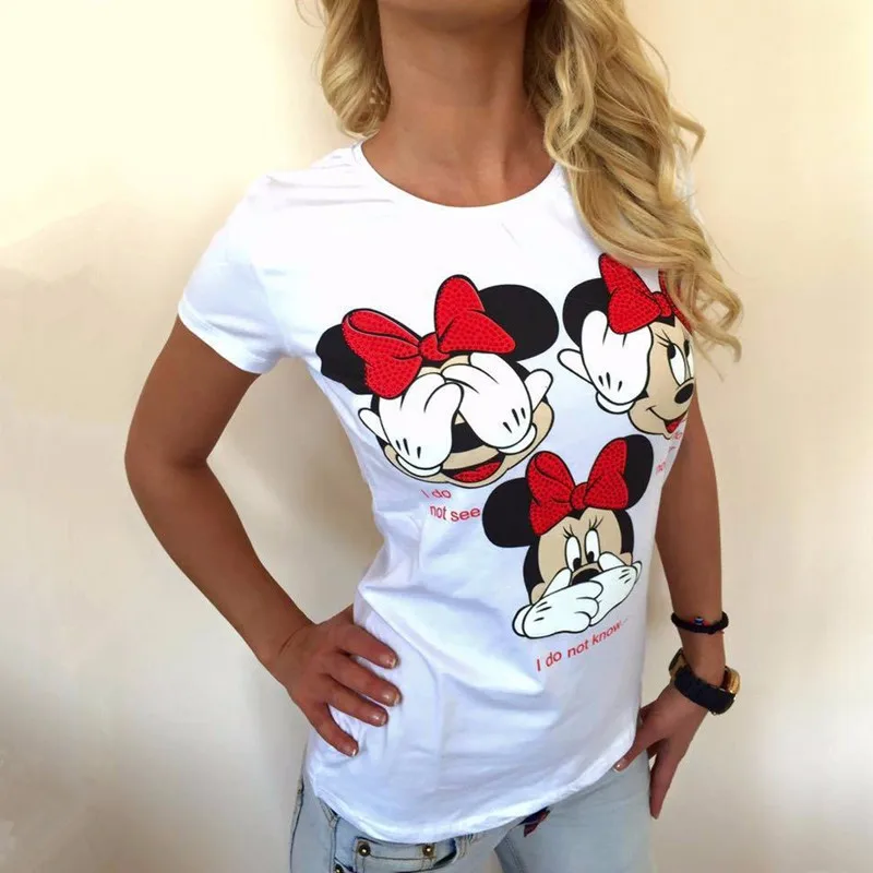 Three Mickey Mouse Print Women T shirt Cartoon Summer Top Ladies T Shirt Graphic Female Tee T-Shirt Disney Womens Clothing yellow t shirt