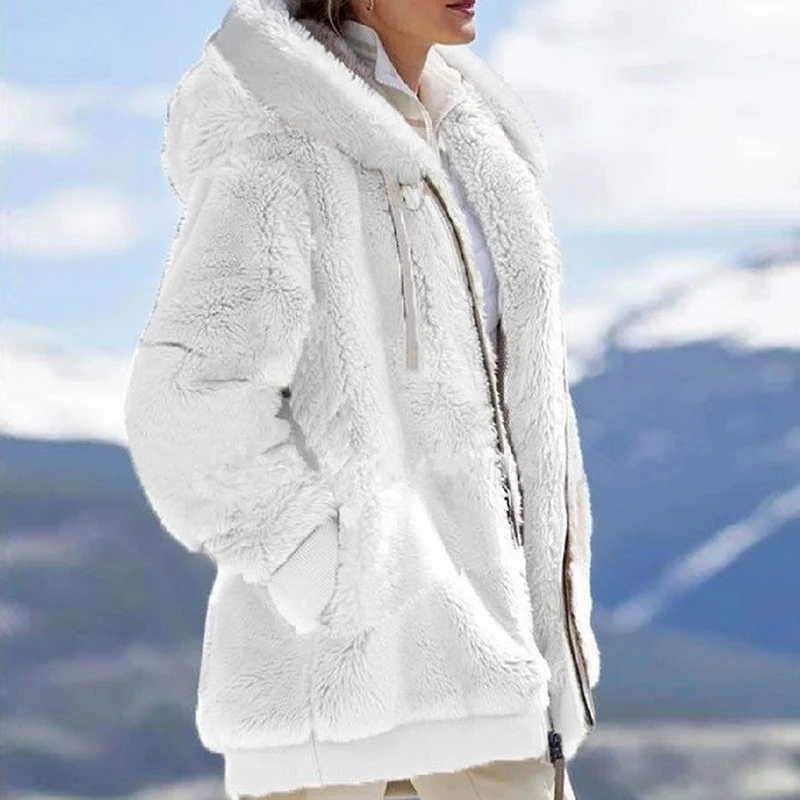 Dames mantel van dik pluche met capuchon voor de winter_voghion.com