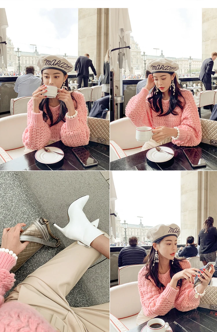 H Han Queen Solid Color Pink Batwing Sleeve Knitted Pullovers Sweater Women Winter New Loose Pullover Sweaters Casual Mujer Tops