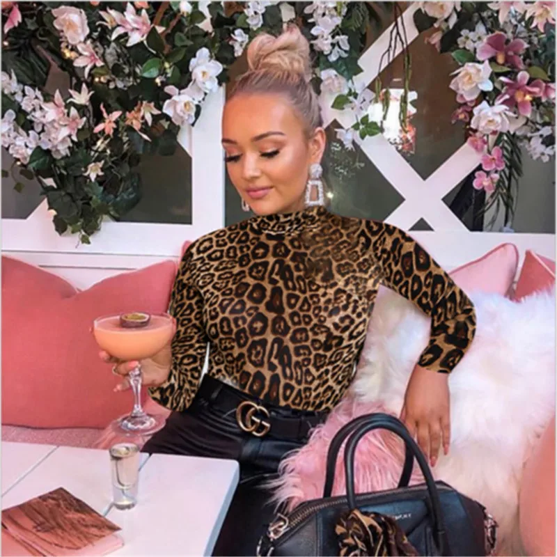  Leopard Printed Bodycon Bodysuits 2020 Spring Women Long Sleeve Mock Neck Skinny Body Suit Shorts Jumpsuits