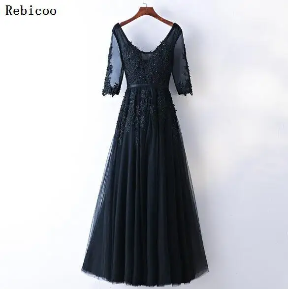 Robe De Soiree красное вино кружево Бисероплетение длинное вечернее платье с открытой спиной для невесты с v-образным вырезом без рукавов прозрачное банкетное сексуальное платье - Цвет: black sleeve