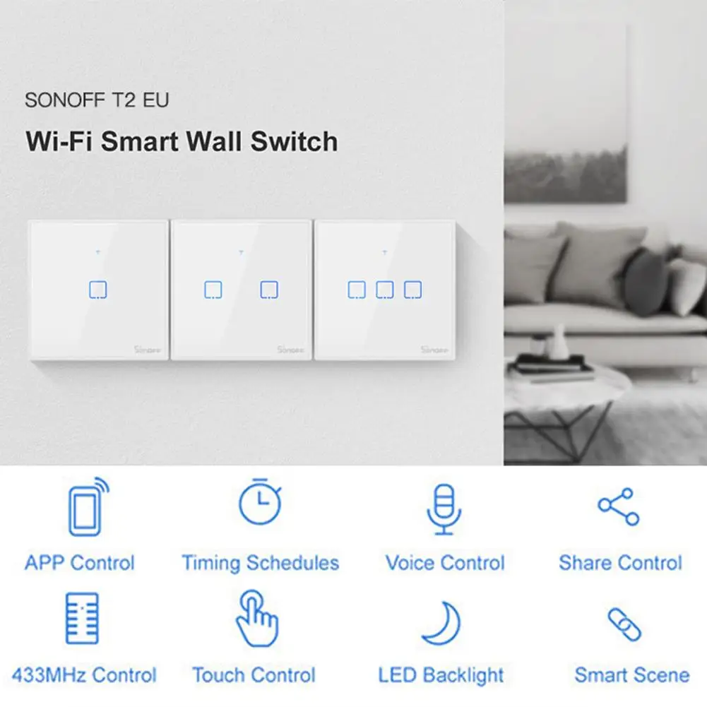 TX T2 EU/US Smart Wi-Fi Сенсорный настенный выключатель света с границы умный дом 1/2/3 433 RF/Голосовое управление/приложение Управление работает с Amazon Alexa