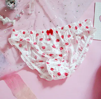 Kawaii/милые клетчатые трусики для девочек, женские трусы, нижнее белье, повседневная одежда, пряжа/молочный шелк, кружевные манишки, бант, клубника - Цвет: Milk Silk C