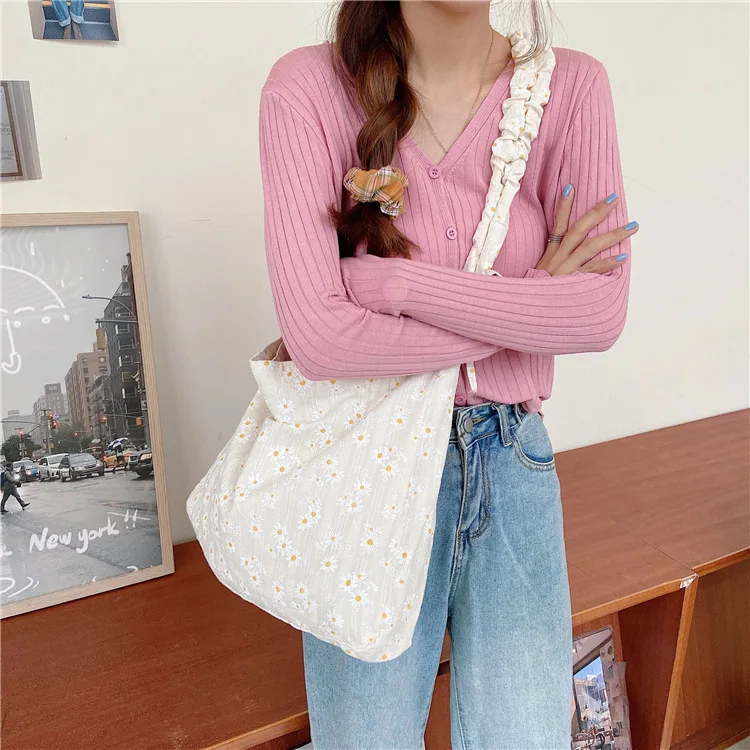 Weysfor New Women Canvas Shoulder Bags Embossed Daisy Floral Handbag Casual Tote Literary Books Bag Shopping Bag For Girls