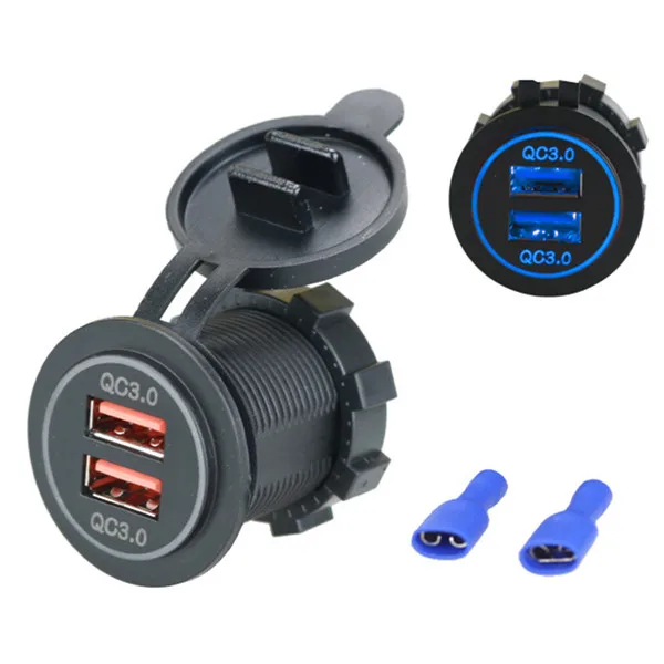 12V 24V мотоциклов Мини Dual USB QC 3,0 салона автомобиля Зарядное устройство быстрой зарядки красный/зеленый/синий светодиодный светильник подходит для ваш мобильный телефон или планшет, даже во время отдыха на природе Автомобильный видеорегистратор - Цвет: Blue