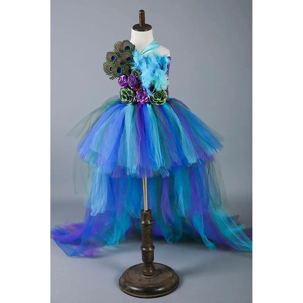 Elegant Princess Peacock Feather Dress for Girls Tutu Dress Long Tail Girls Party Dress Kids Flower Christmas Dress Girl Clothes - Цвет: Girls Peacock Dress