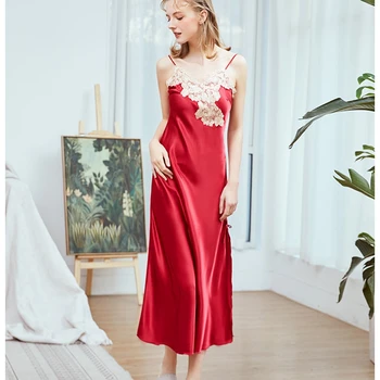 

Plus Size Ladies Long Gowns Black Silk Lace Nightgown Bow Slit Night Dress V-neck Sleepwear Nightie Lingerie Womens Clothing