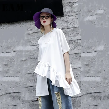 

[EAM] Women White Asymmetrical Ruffles Big Size T-shirt New Round Neck Short Sleeve Fashion Tide Spring Summer 2020 1S570