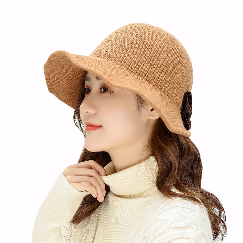 

Sparsil Women Bow Knot Bucket Hat Female Knitted Fashion Cap Warm Autumn Winter Simple Soft Foldable Basin Caps