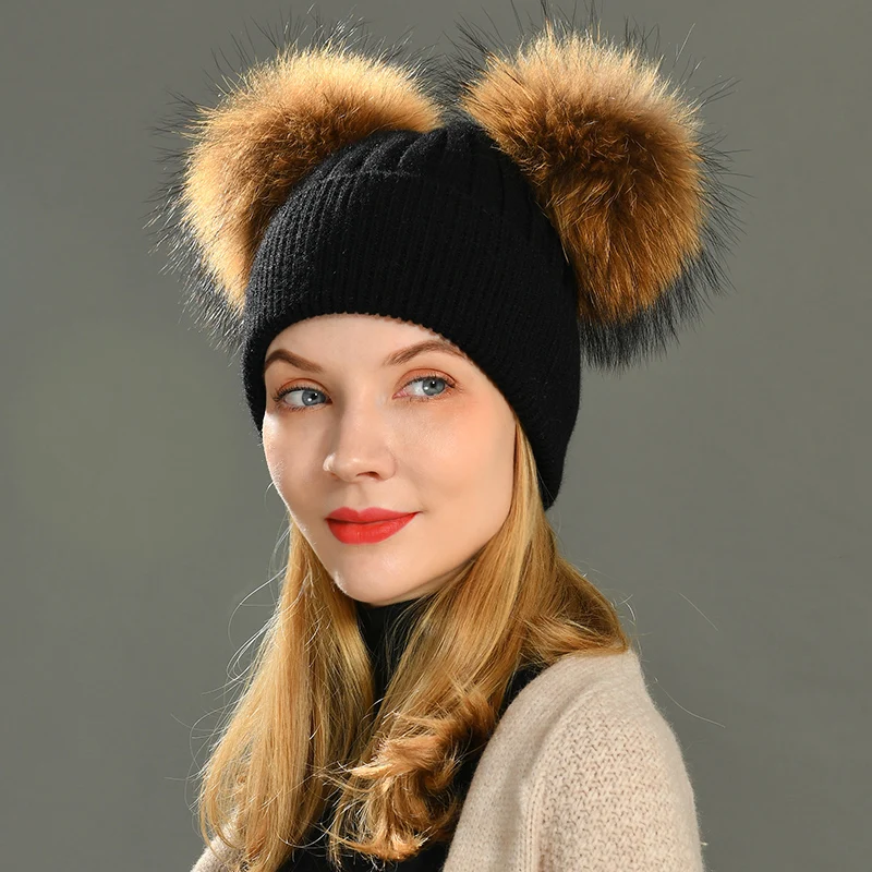 Real Raccoon Fur Pompom Hat Women 
