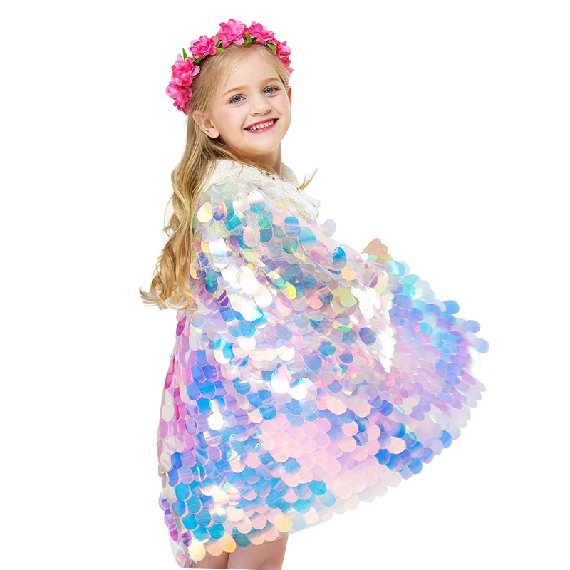 Fashion Glitter Multicolor Sequins Shawl Shiny Girls Cloak Blingbling Fairy Princess Cape Christmas Party Halloween Kids Clothes | Детская