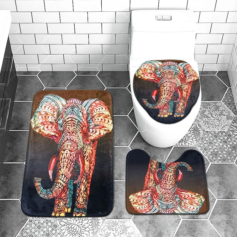 

Home Accessories Bath Mat Elephant Print Privacy Protection Shower Curtain Set Pedestal Rug Multifunctional Decorative Polyester