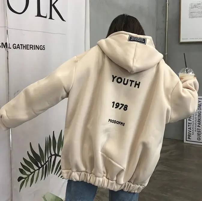 Толстовки женские новые осенние зимние корейские стильные свободные с капюшоном с принтом плюс бархатные толстые большого размера, мягкий женский s толстовки универсальные