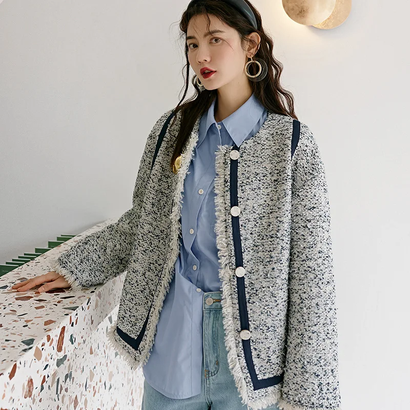 

Winter 2019 New Women Top Design Loose Fake Two Woolen Wool Coats for Women Single Breasted O-Neck Plaid Jacket Women Coat
