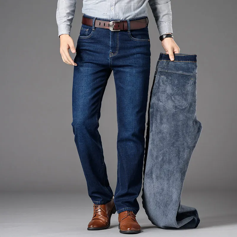 Great Value New Men's Plus velvet warm thick jeans trousers casual trend large size winter straight slim fashion wash plus velvet denim