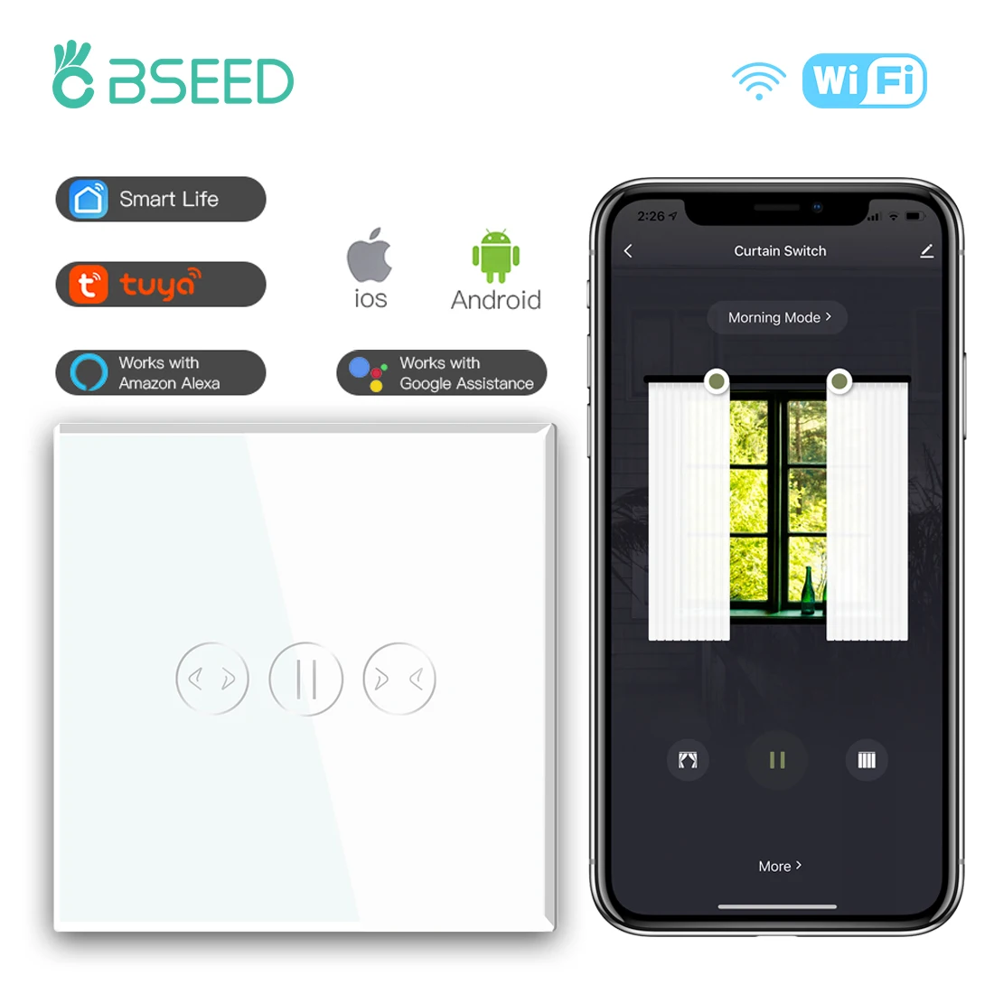 BSEED WIFI Curtain Wall Switches Single Smart Touch Glass Google Alexa Tuya App Sensor With Neutral Wire | Обустройство дома