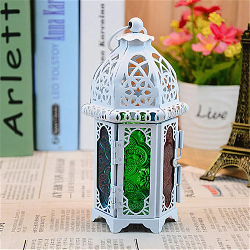 Винтажный металлический полый подсвечник, цветной стеклянный Хрустальный морокканский подсвечник, подвесной фонарь, свадебный Декор для дома