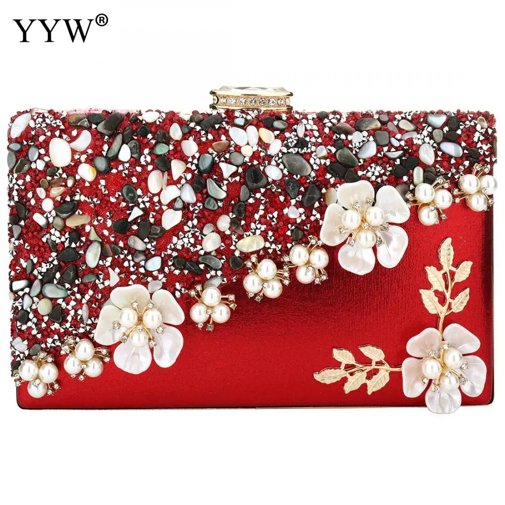 Eleoption Fashion Floral Evening Bag Wedding Clutch Handbag Purses Flower  Clutch Bags for Wedding Party Prom Banquet with Carved Handle Metal Chain