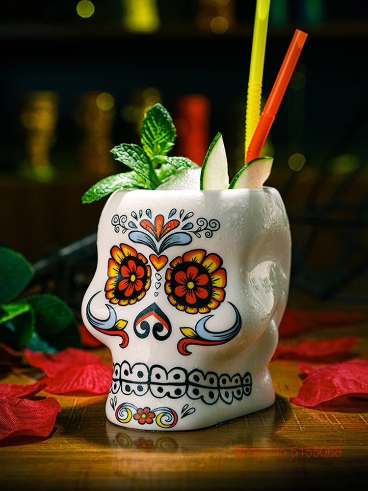Cool Tattoo Face Skull DIY Blended Wine TIKI Mug Hawaii Bar Special Drinks Cocktail Glass Color Painted Ceramics Beach Party Cup