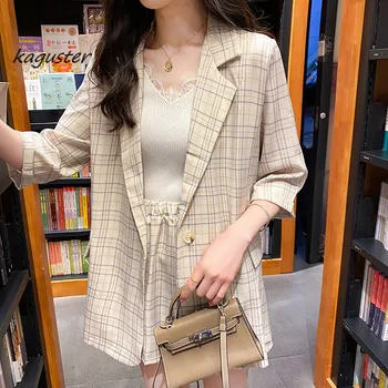 

2020 two pieces casual shorts plaid suit Summer new age reduction woman Turn-down Collar Office Lady Elastic Waist elbow sleeves