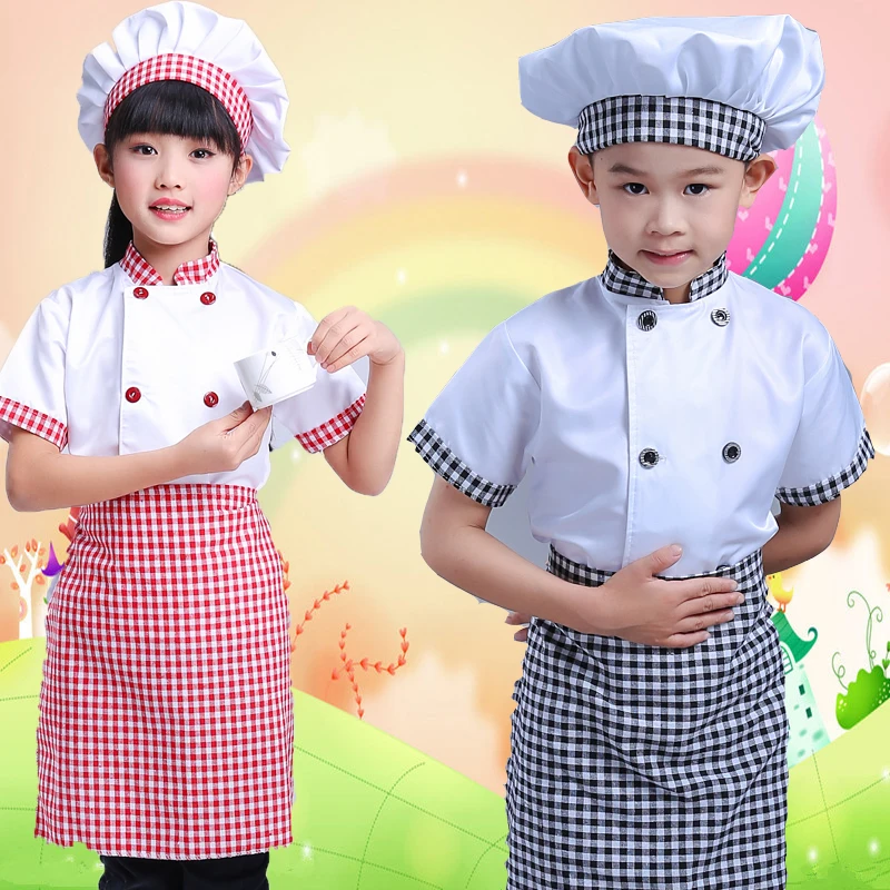 

New Kids Chef Jacket Kitchen Role Play Uniform Cook Hat Restaurant Cosplay Costume Halloween Child Waiter Waitress Clothing Set