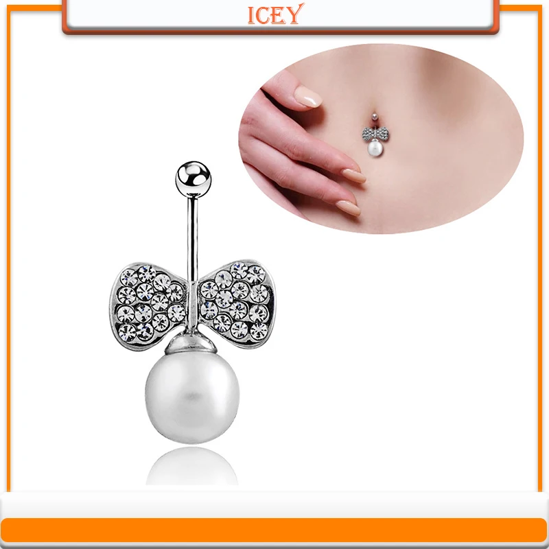 1pc Bow belly ring pearl navel stud Rhinestone belly navel jewelry