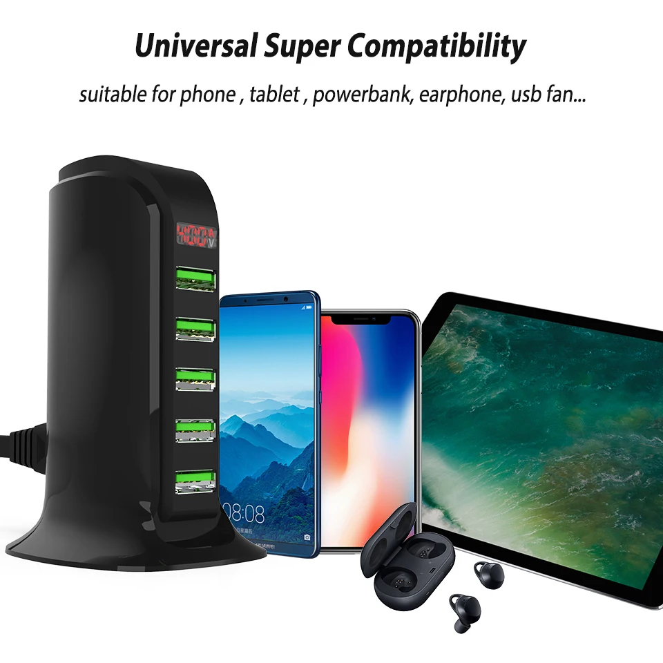 Универсальный 5 Порты и разъёмы зарядное устройство usb multi концентратор светодиодный Дисплей зарядка через usb док-станция для мобильного телефона настенный термометр стол беговой дорожке дома ЕС США Plug