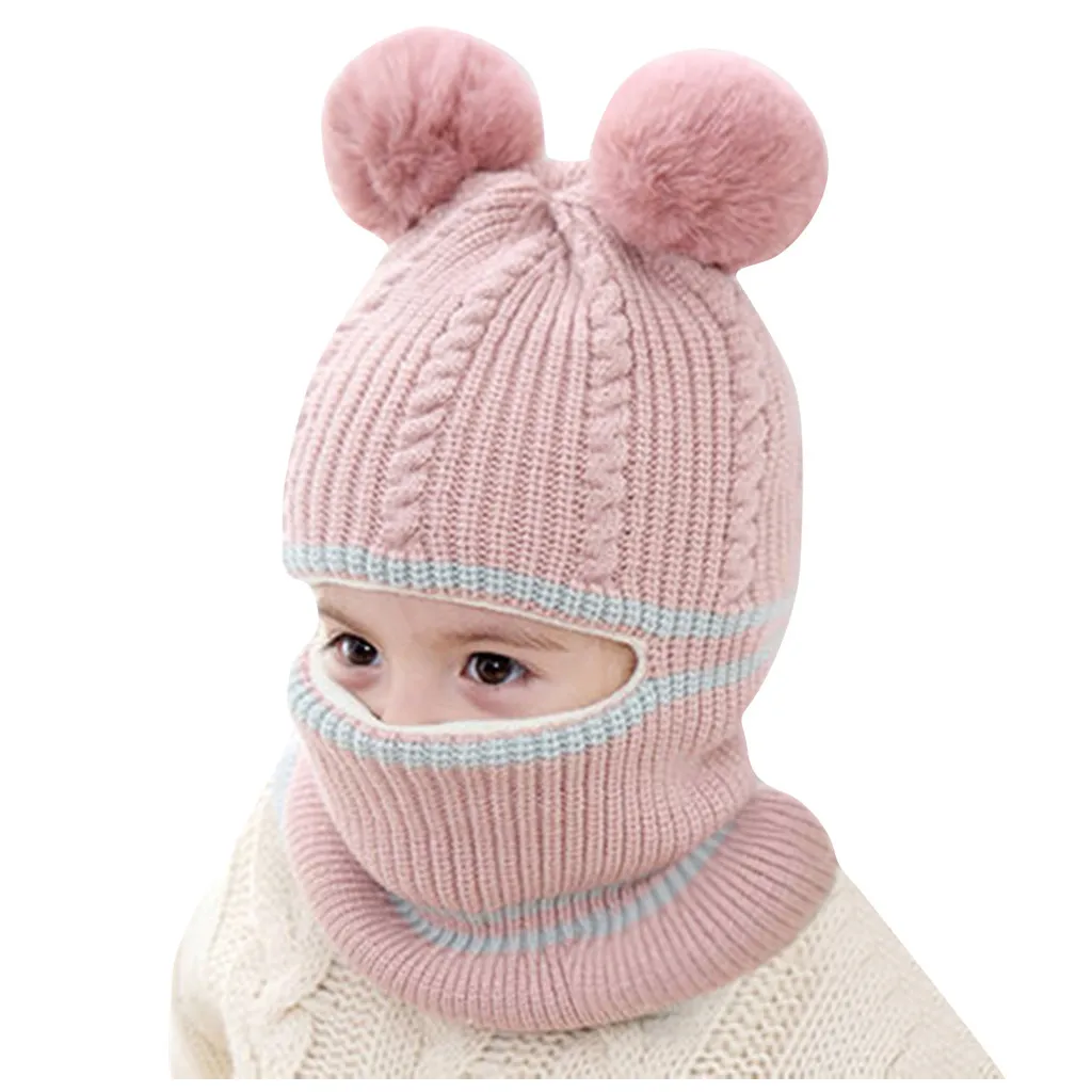 aby Hat Scarf One-pieces Baby Boys Girl Pompon Hats for Kids Winter Warm Knit Crochet Beanie Cap Scarf Children Caps 2-5Y