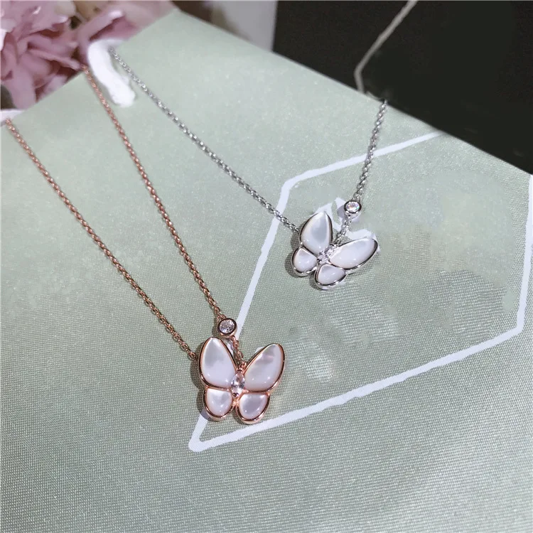 2 Colors High Quality Women Jewelry Natural Shell With Zircon Butterfly Pendant Real 925 Sterling Silver Necklace