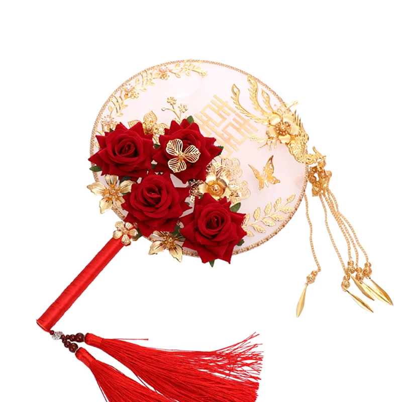 

Chinese Round Hand Fan with Tassels Double-Sided Classic Decorative Fan for Wedding Photography Home PAK55
