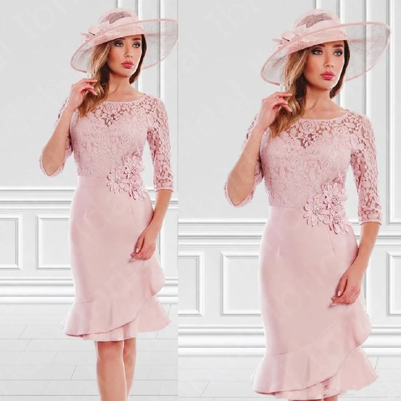 Charming Short Mother of the Bride Dresses Lace Knee Length Wedding Party with 3/4 Sleeves