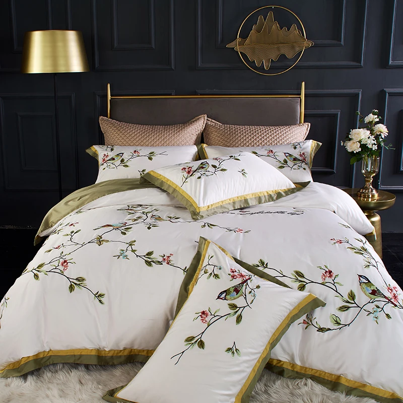 New Chinese Style Flower Bird Embroidery 100S Egyptian Cotton White Gray Duvet Cover Bed Sheet Bed Linen Pillowcases Bedding Set