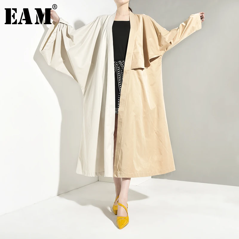 

[EAM] Women Contrast Color Oversize Long Trench New V-collar Long Sleeve Loose Fit Windbreaker Fashion Autumn Winter 2019 JQ9380