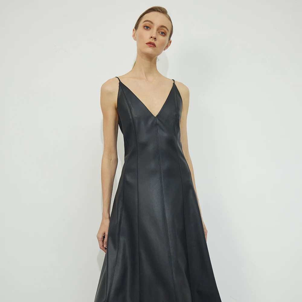 Women's sexy leather skirt a line, leather skirt mid length with v neck