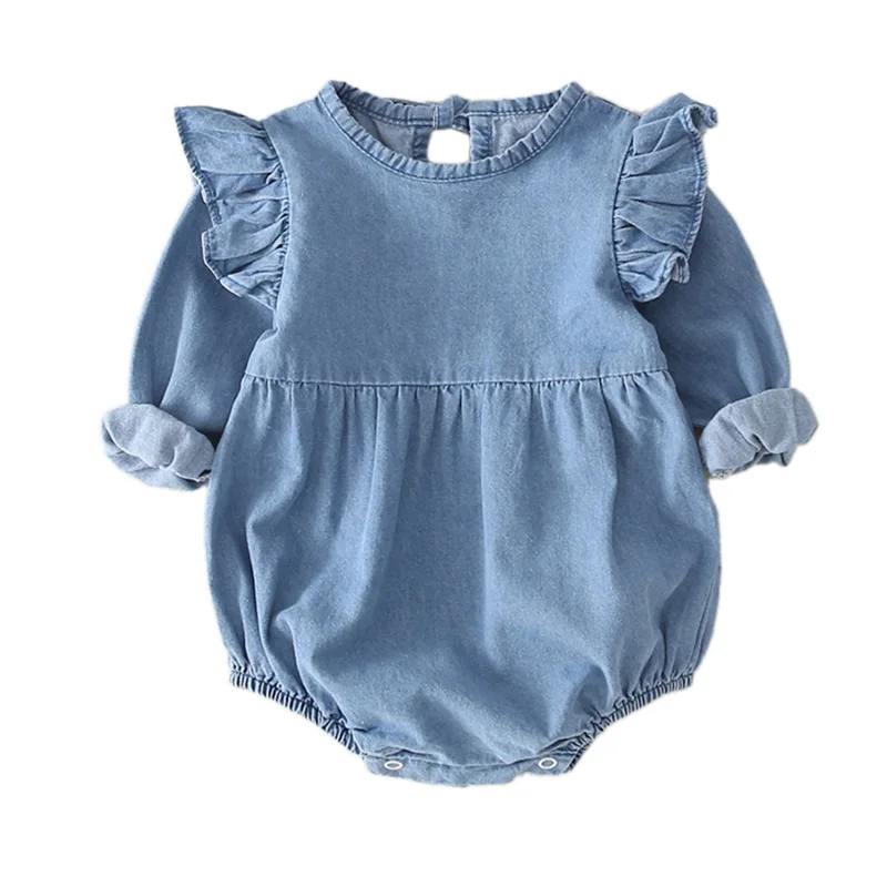 Демисезонный для младенцев, для маленьких девочек с длинными рукавами и джинсовый комбинезон Повседневное 2 вида; однотонные Цвет удобные с отложным воротником с бантом и рукавами-крылышками для девочек, комбинезон - Цвет: B