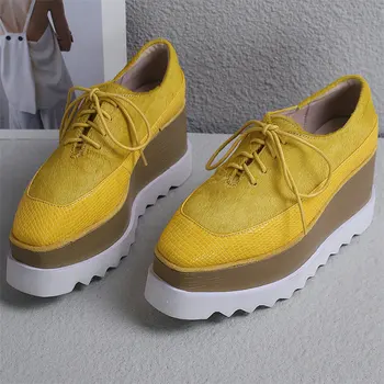 

2020 Women Lace Up Gnuine Leather Wedges High Heel Pumps Shoes Female Horsehair Low Top Square Toe Fashion Sneakers Casual Shoes