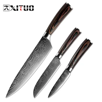 

XITUO 3PCS Messenset 8"5"3.5" Pakka Wood Beauty Pattern Damascus Steel Utility Japanese Chef Cleaver Paring Knives Cooking Tools
