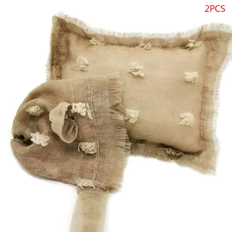 

2 Pcs/set Baby Infants Photo Accessories Tie-dyed Cotton Linen Hat Pillow Set Newborn Photography Props 72XC