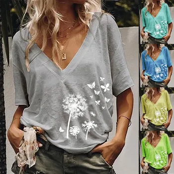 

Womens T-Shirts 2020 Fashion Female Casual V-neck Loose Solid Short Sleeve Casual Print T-shirt Print T Shirt Plus Size Mujer