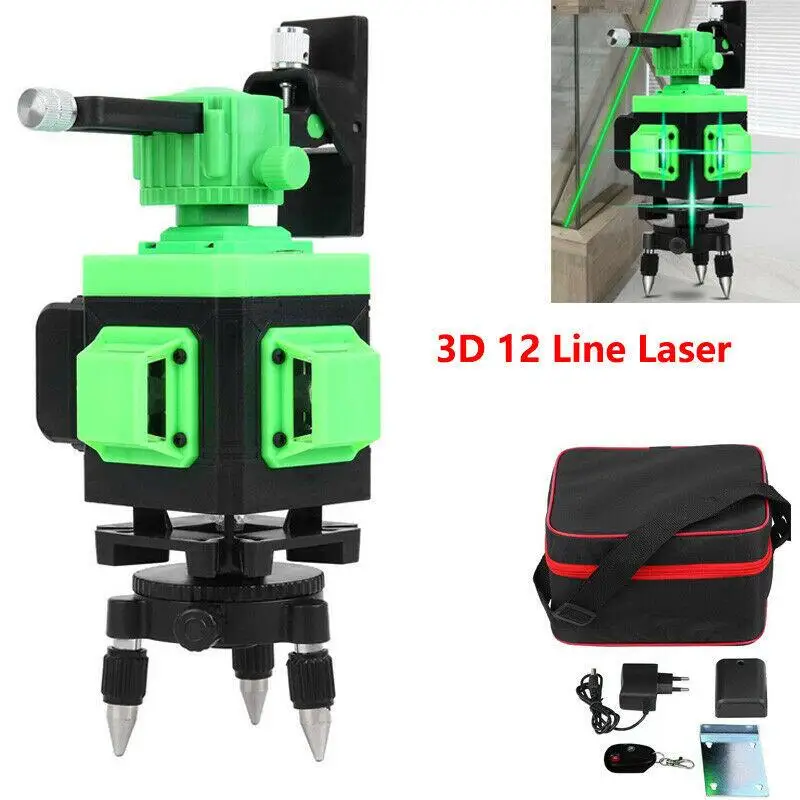 3D 12 Line Laser Level Green Self Leveling 360° Kreuzlinienlaser Baulaser Tool 