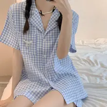 

Korean Style Cartoon Embroidery Solid Color Plaid Pyjamas Pajamas for Teen Girls Two Piece Set Summer Pijamas Women